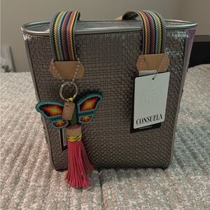 Consuela Metallic Woven Tote Bag with Colorful Strap - Silver with tassel.